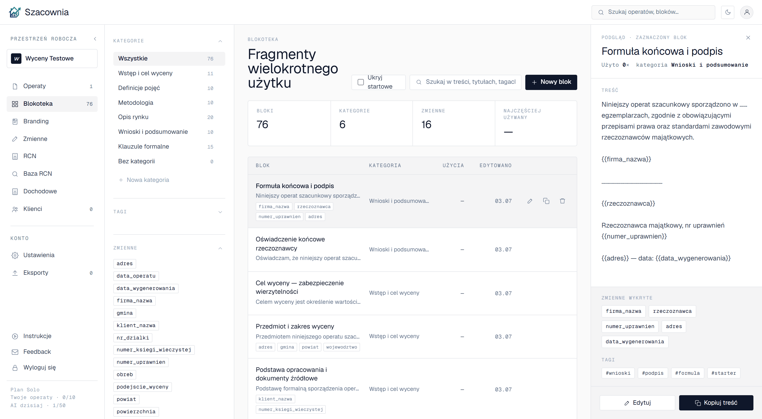 Blokoteka — biblioteka fragmentów operatu z kategoriami, tagami oraz podglądem bloku z wykrytymi zmiennymi