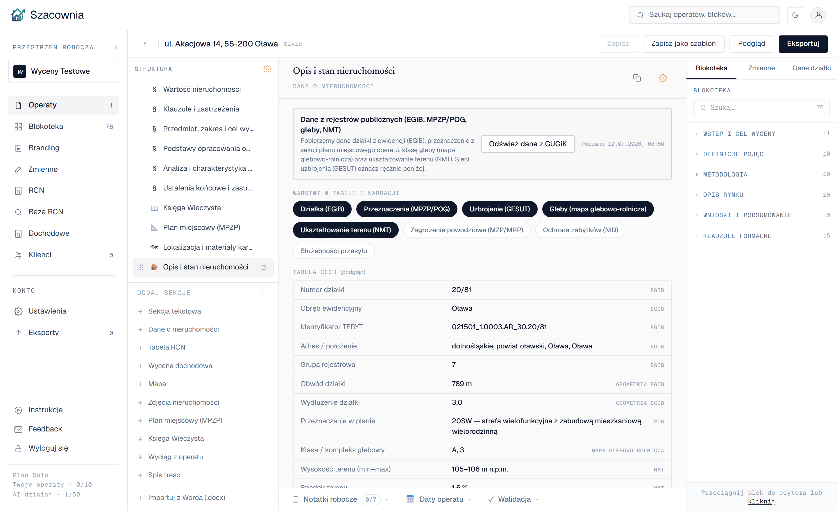 Sekcja Opis i stan nieruchomości — tabela cech działki pobrana z rejestrów publicznych: ewidencja gruntów, plan miejscowy, gleby, teren