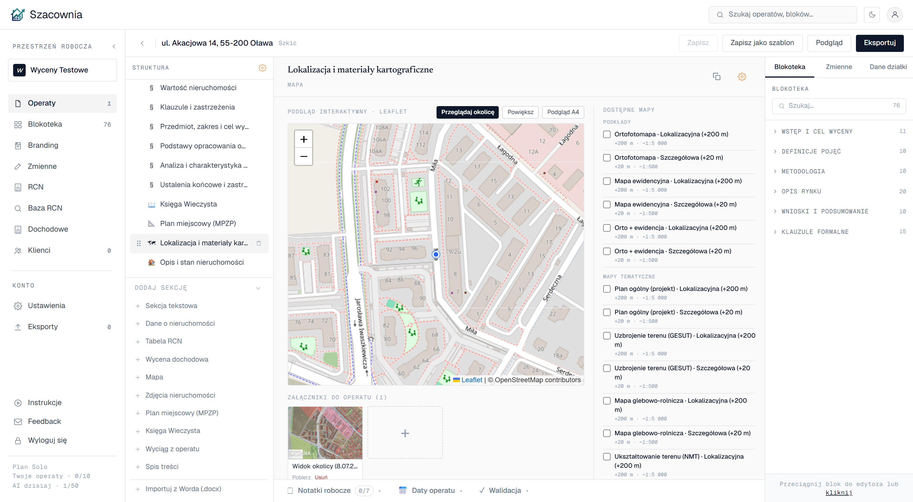 Sekcja map operatu — interaktywny podgląd okolicy oraz lista map urzędowych GUGiK: ortofotomapa, ewidencja, plan ogólny, uzbrojenie terenu, gleby, ukształtowanie terenu